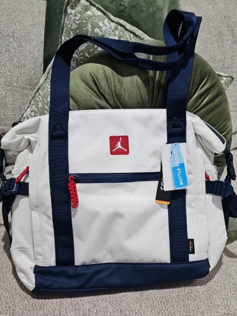 Jordan White Canvas Duffel Tote with Navy Straps and Red Logo